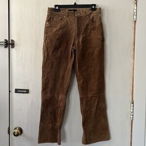 4You Brown 100% Pig Leather Suede Pants Brown Flare Soft 30x33.85 inch PreOwned